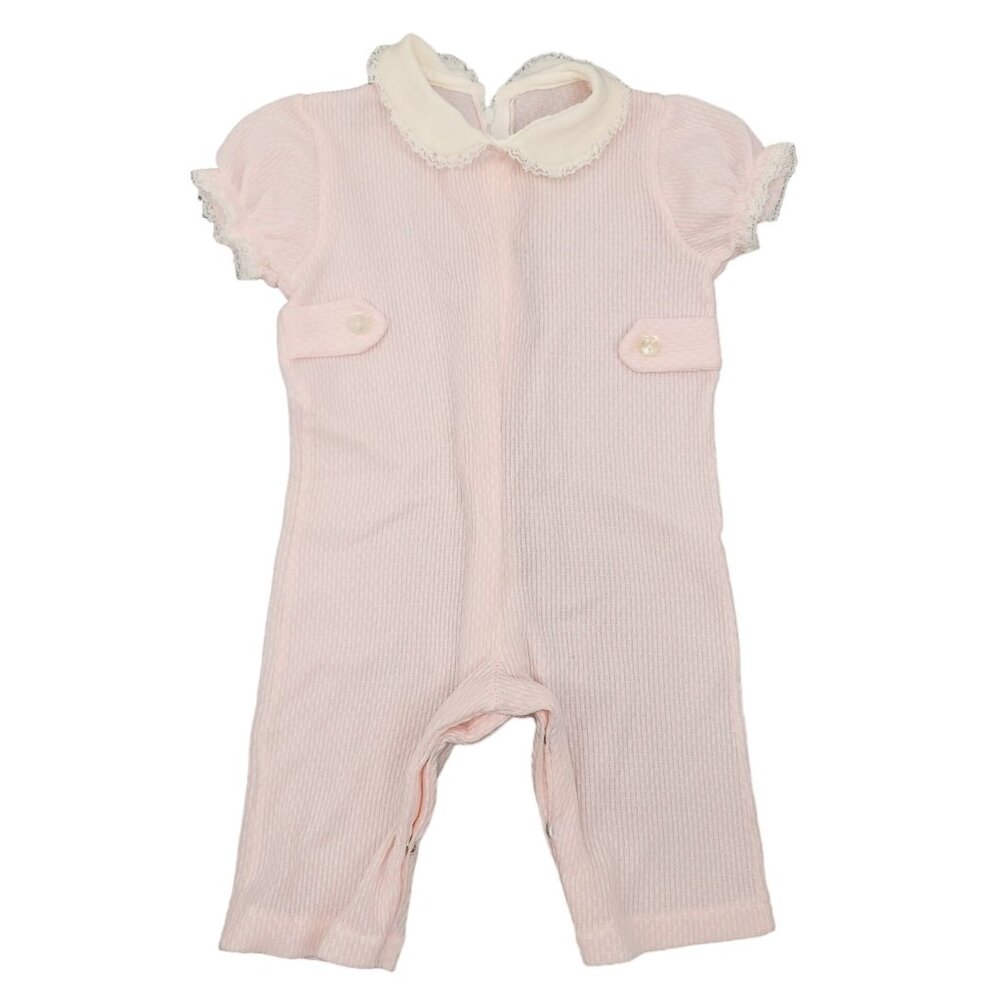 Vintage Baby Girls Baby Bliss Pink White Romper Outfit Small Collared Lace Trim